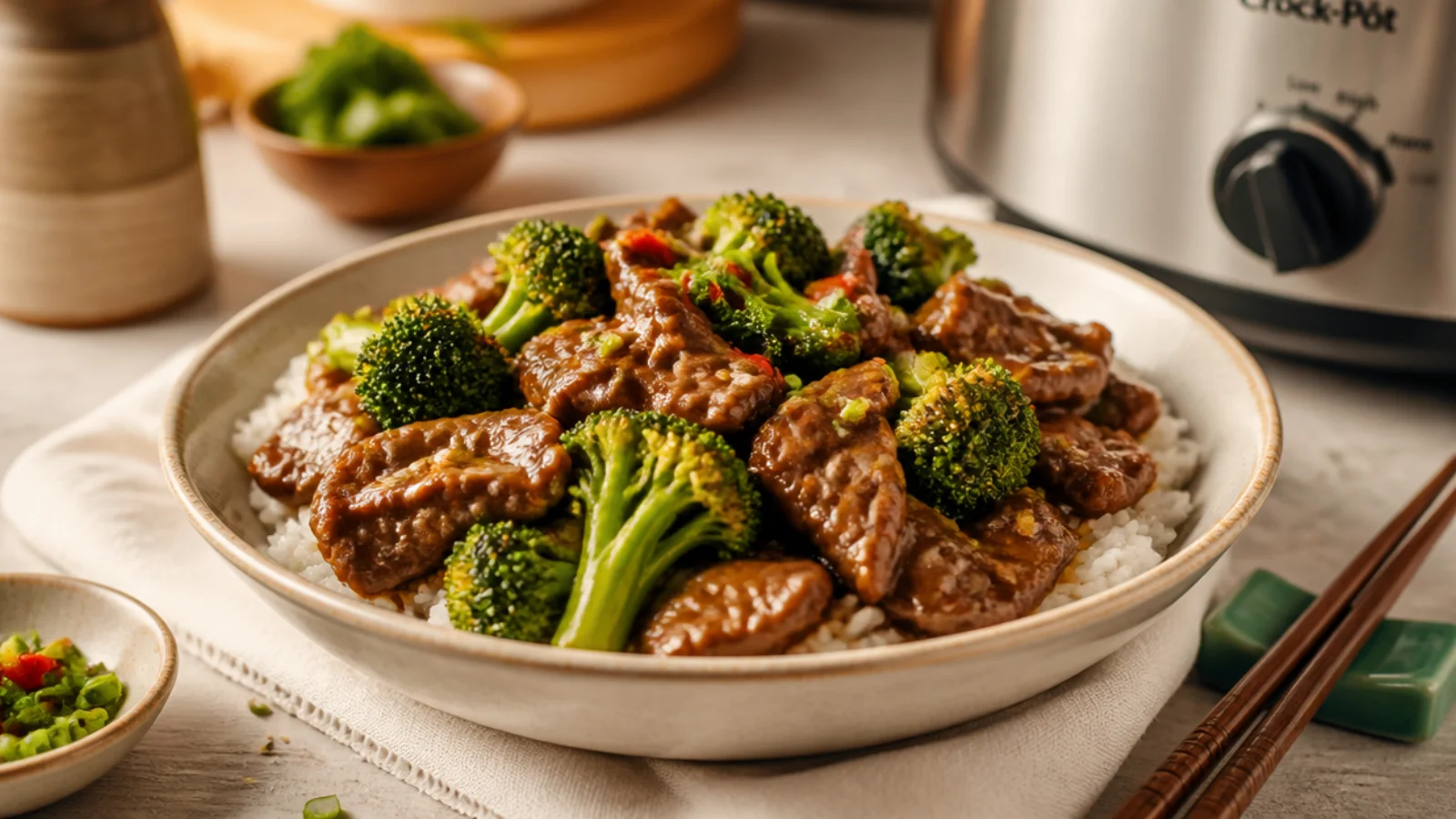 Crock Pot Beef and Broccoli Recipes Made Easy — beef and broccoli plated and ready to serve