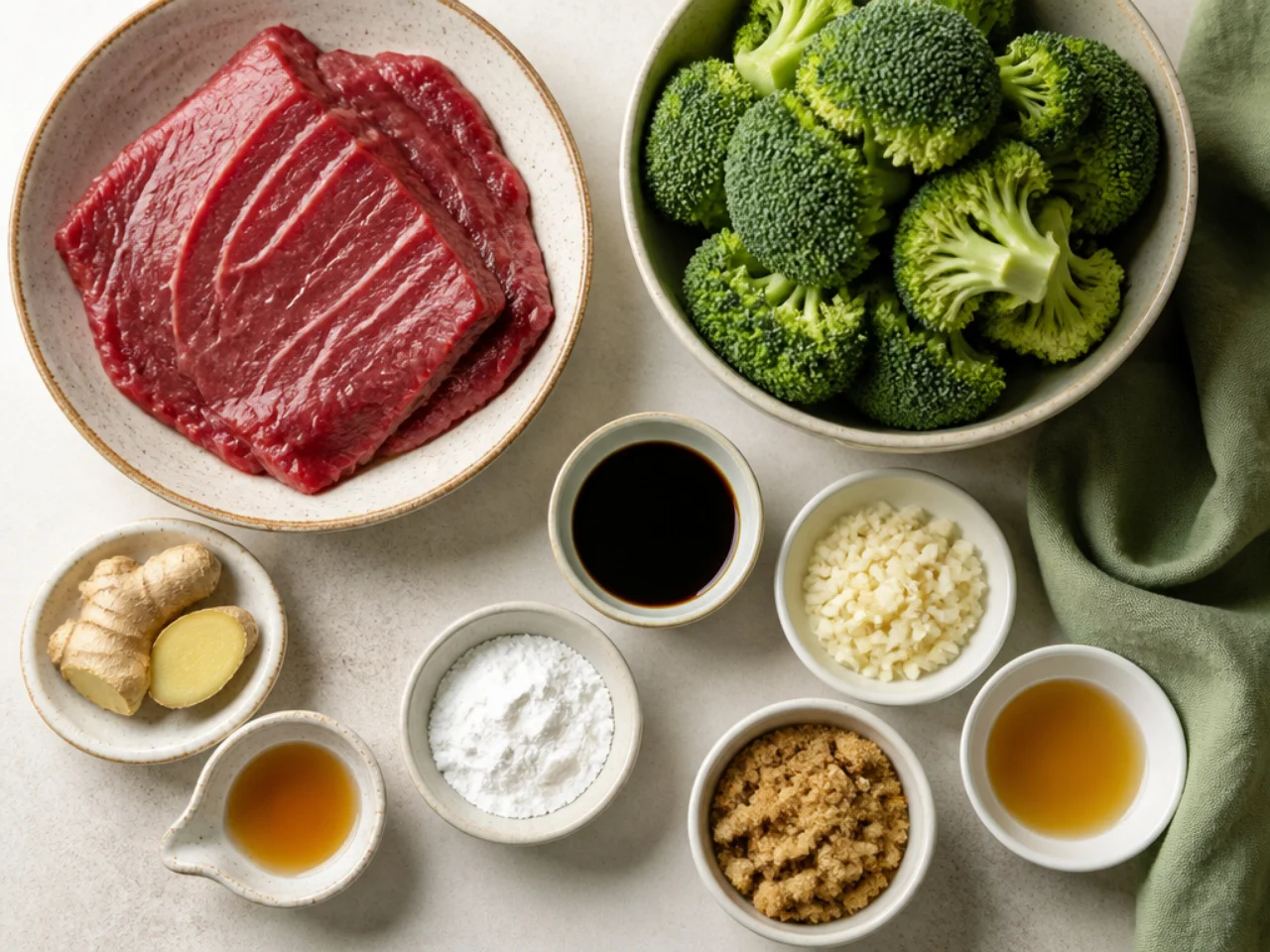 Fresh ingredients for beef and broccoli arranged in bowls