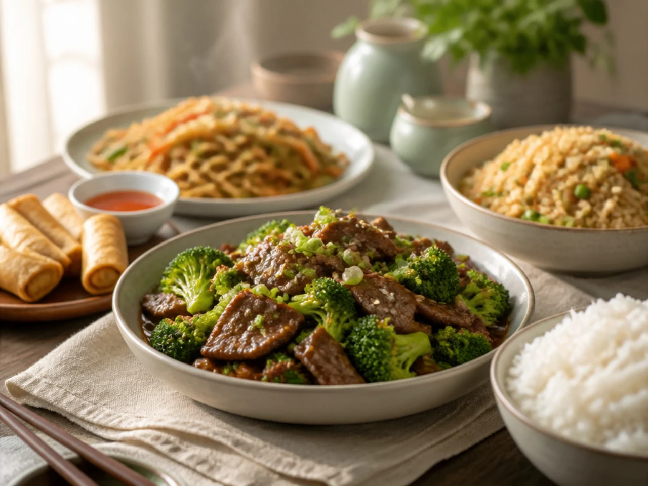 beef and broccoli served with steamed jasmine rice, fried rice, lo mein or egg rolls