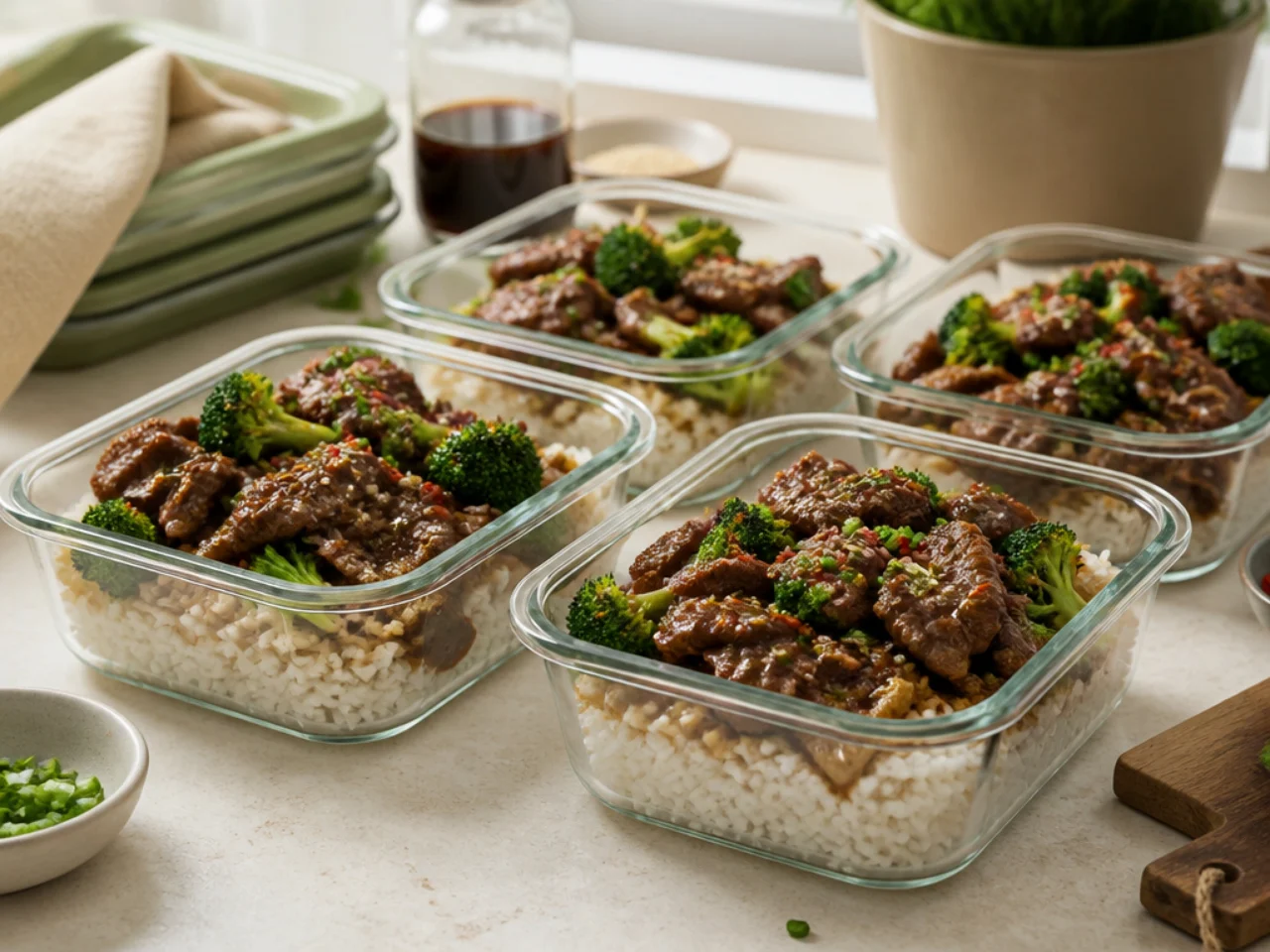 Make-ahead storage of beef and broccoli in containers