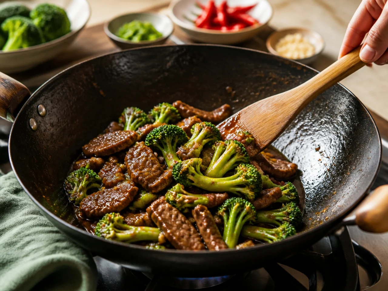 Step-by-step process shot for beef and broccoli