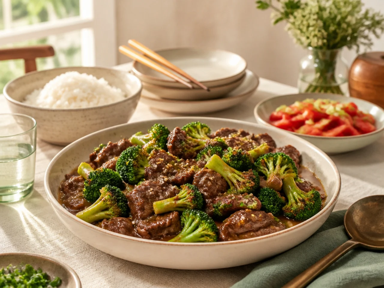 beef and broccoli served family-style on a cozy table