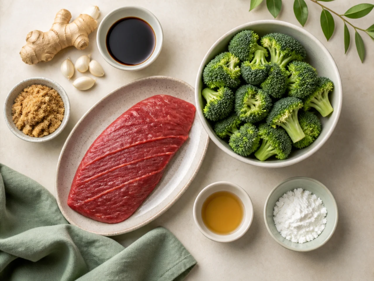 Fresh ingredients for beef and broccoli arranged in bowls