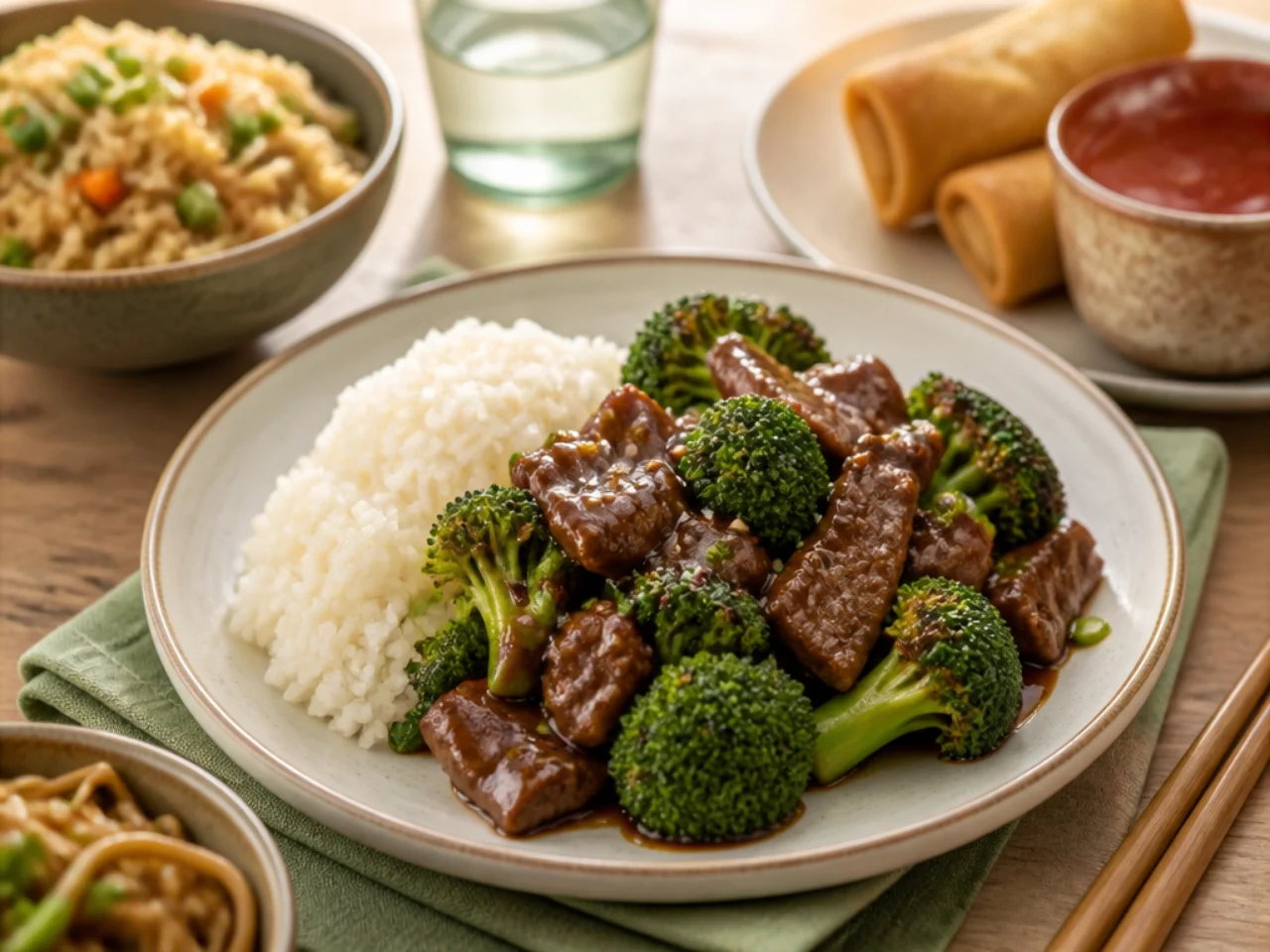 beef and broccoli served with steamed jasmine rice, fried rice, lo mein or egg rolls