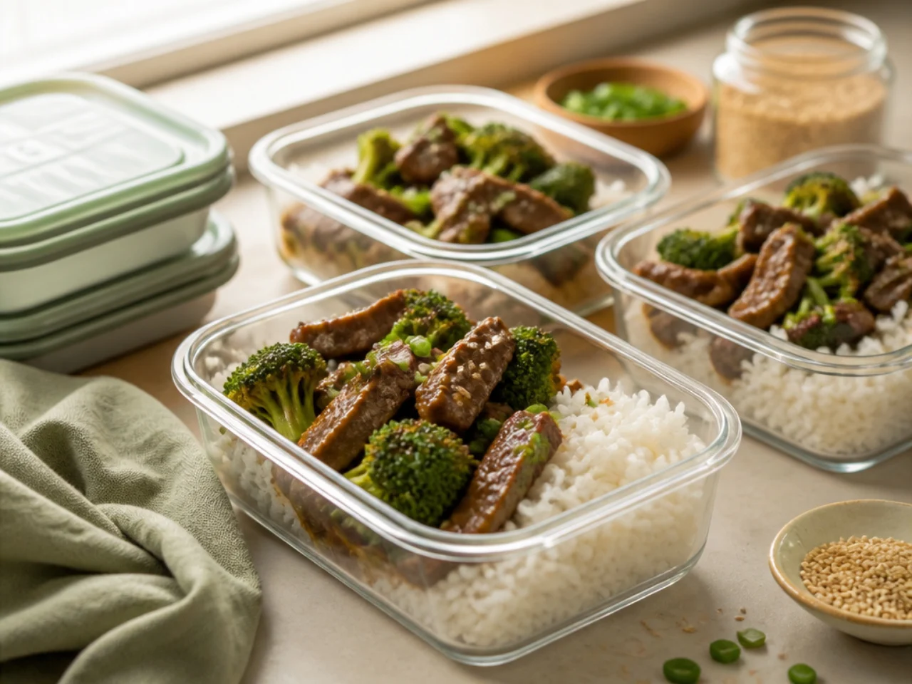 Make-ahead storage of beef and broccoli in containers