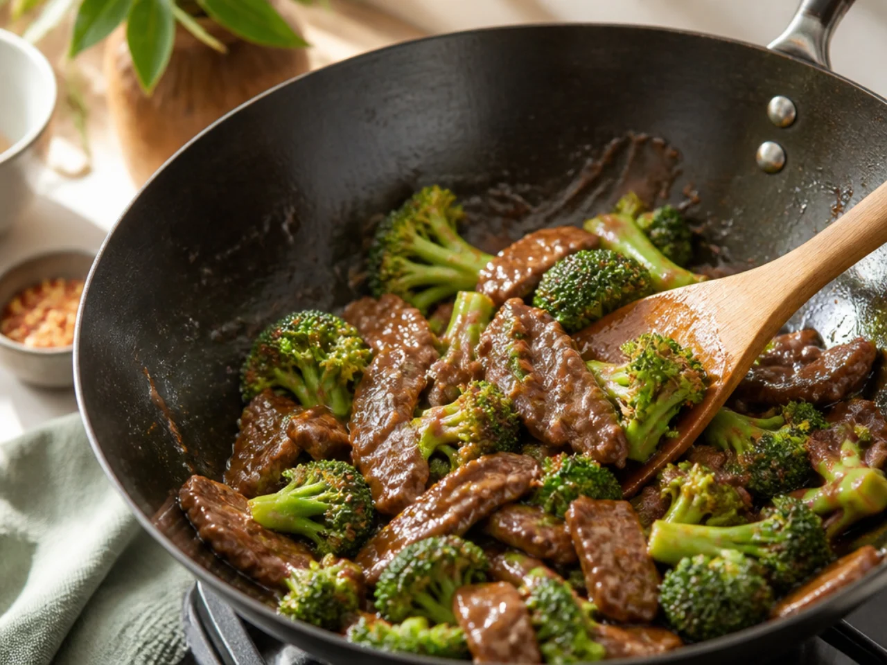 Step-by-step process shot for beef and broccoli