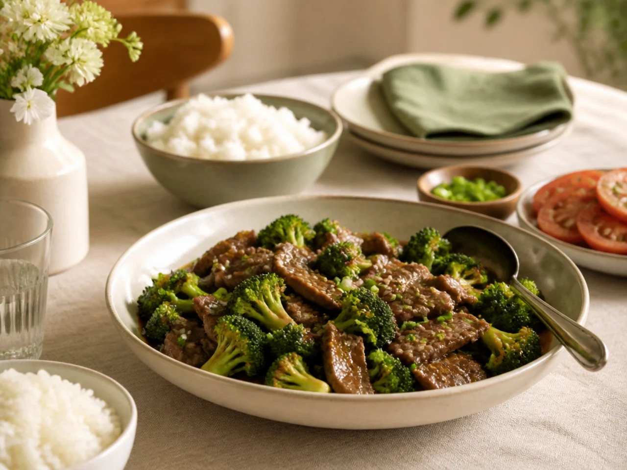 beef and broccoli served family-style on a cozy table