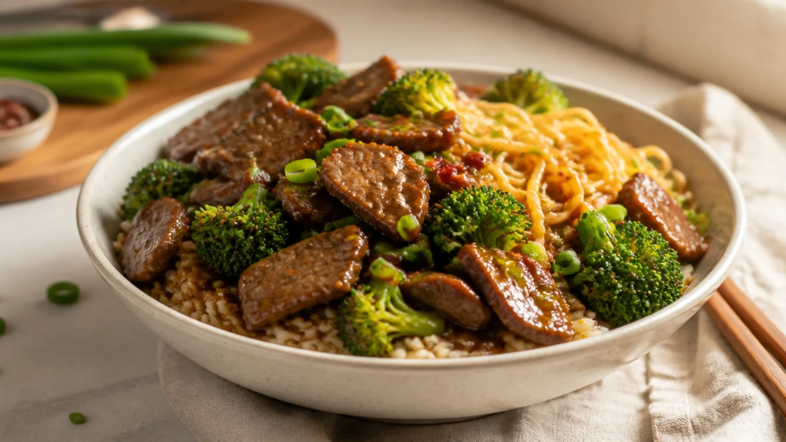 Beef and Broccoli Ramen Bowls to Slurp — beef and broccoli plated and ready to serve