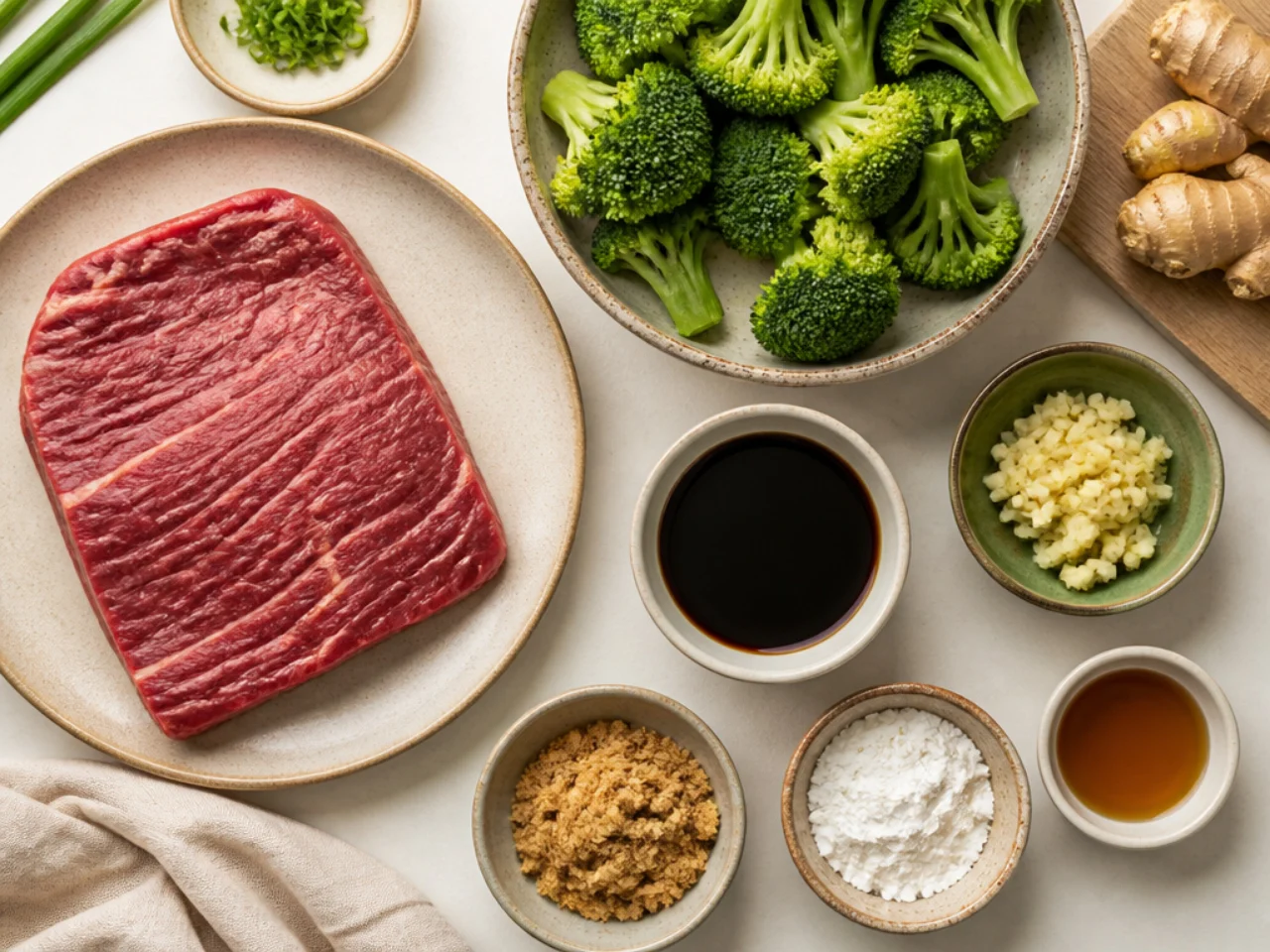 Fresh ingredients for beef and broccoli arranged in bowls