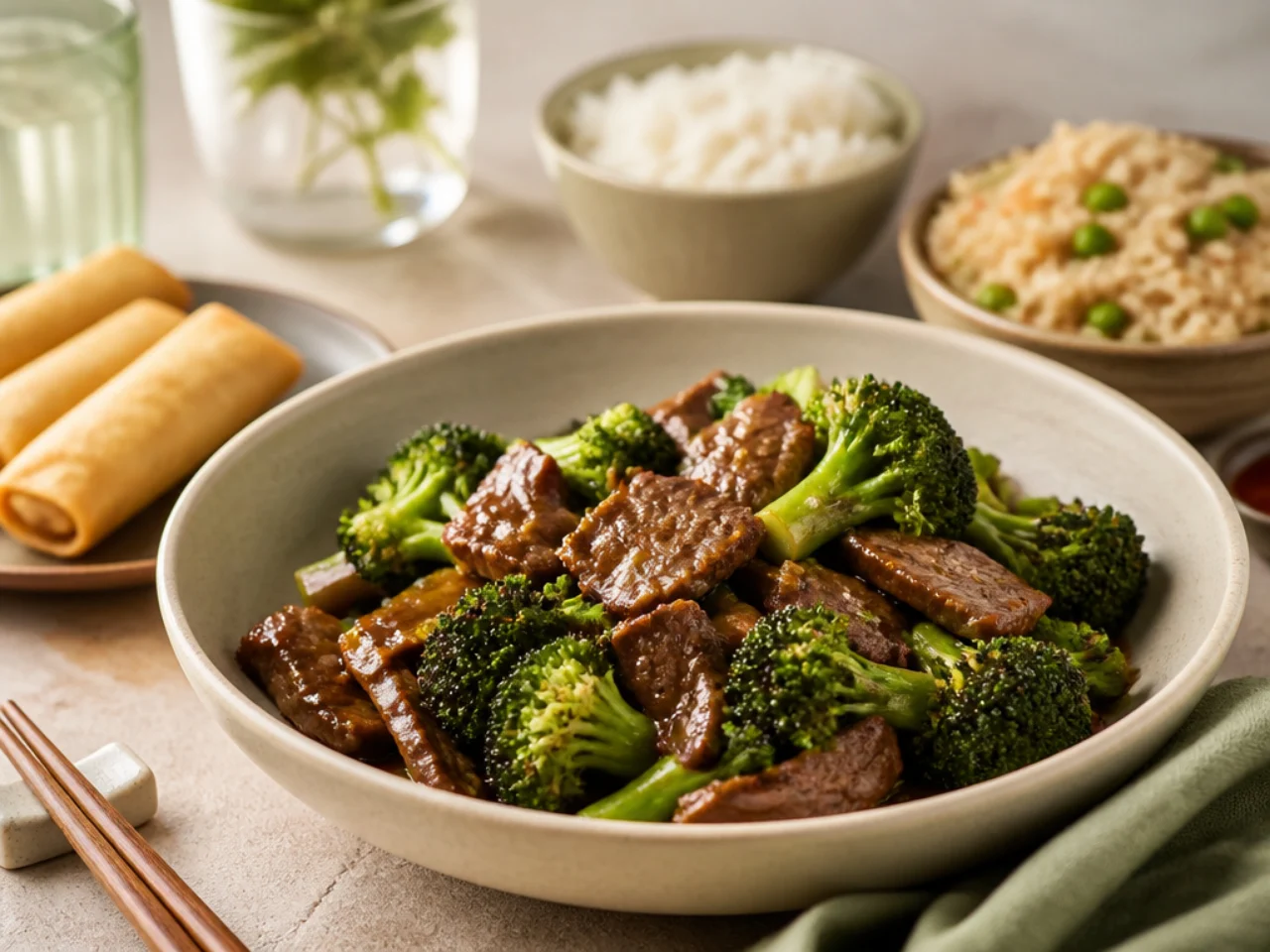 beef and broccoli served with steamed jasmine rice, fried rice, lo mein or egg rolls