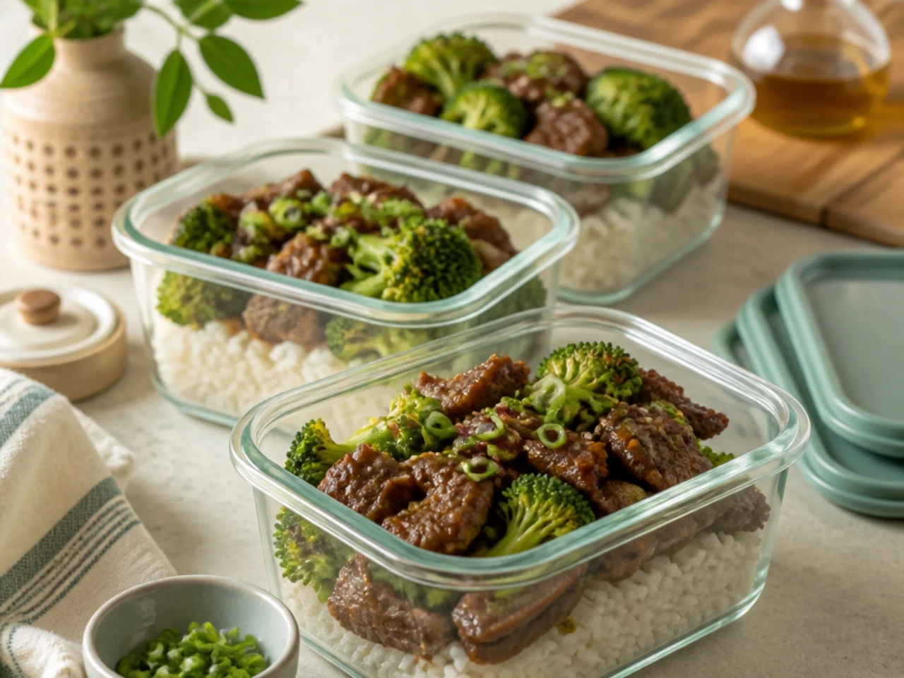 Make-ahead storage of beef and broccoli in containers