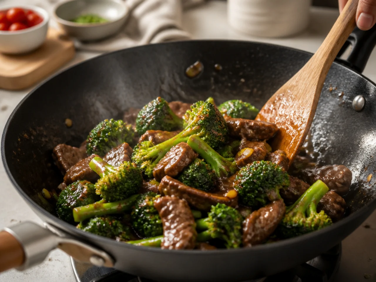 Step-by-step process shot for beef and broccoli