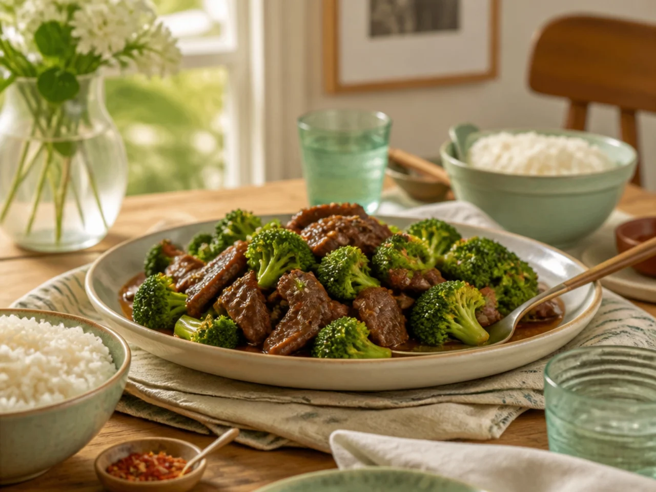 beef and broccoli served family-style on a cozy table