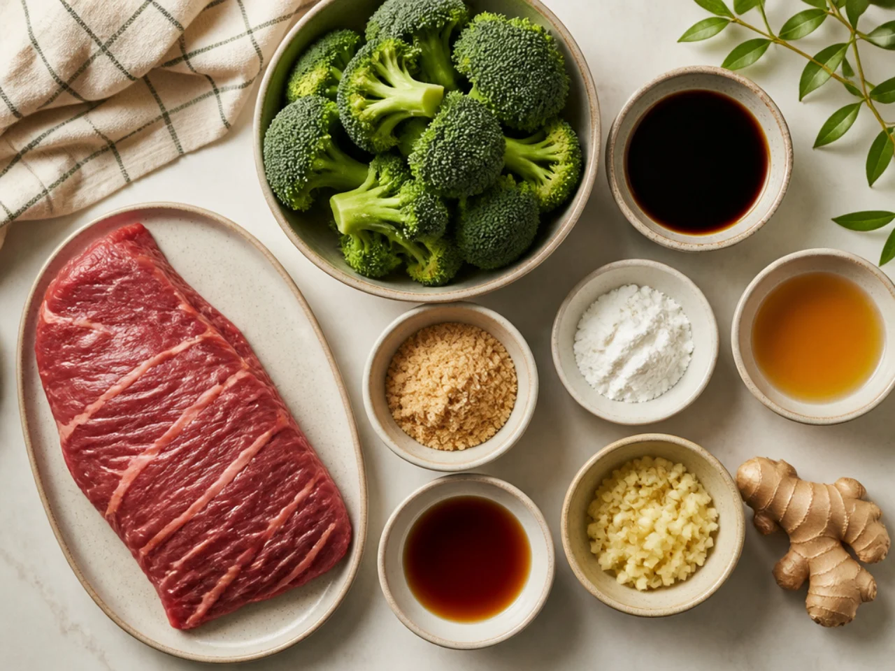 Fresh ingredients for beef and broccoli arranged in bowls