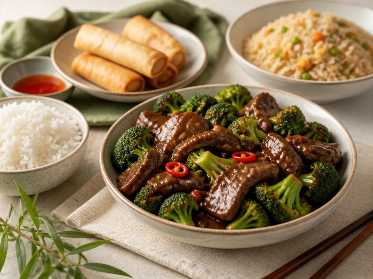 beef and broccoli served with steamed jasmine rice, fried rice, lo mein or egg rolls