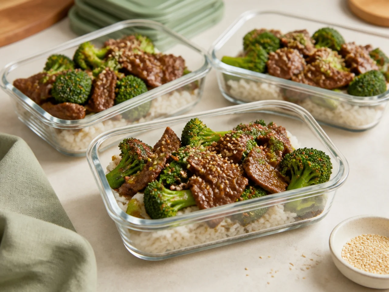 Make-ahead storage of beef and broccoli in containers