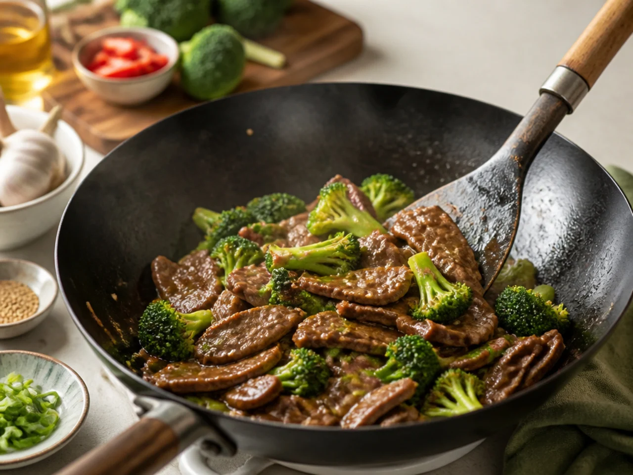 Step-by-step process shot for beef and broccoli
