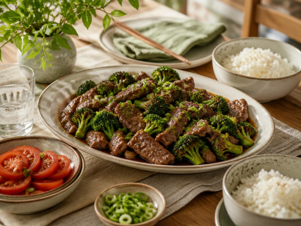 beef and broccoli served family-style on a cozy table