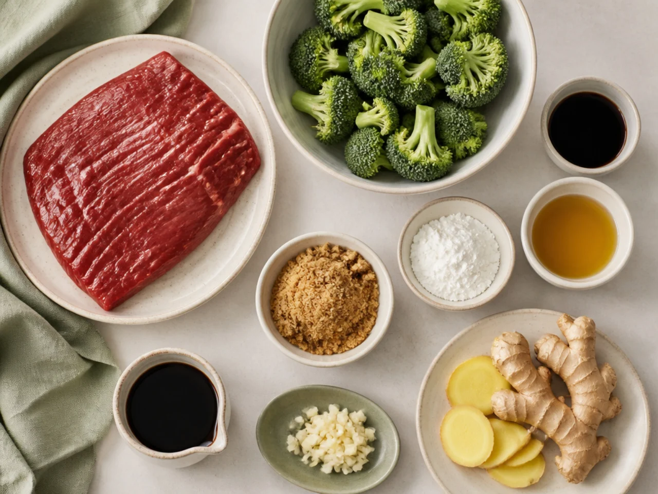 Fresh ingredients for beef and broccoli arranged in bowls