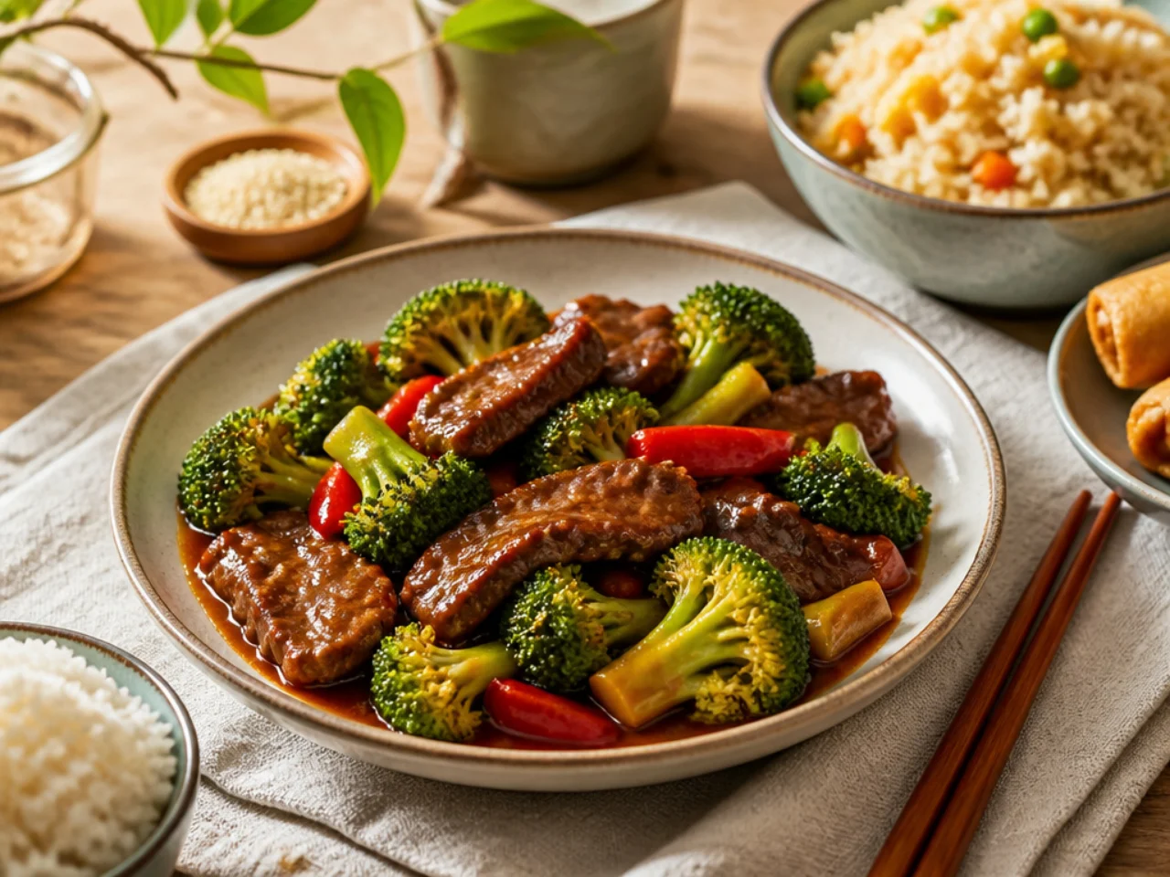 beef and broccoli served with steamed jasmine rice, fried rice, lo mein or egg rolls