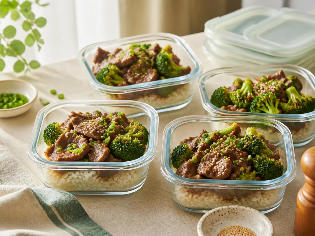 Make-ahead storage of beef and broccoli in containers