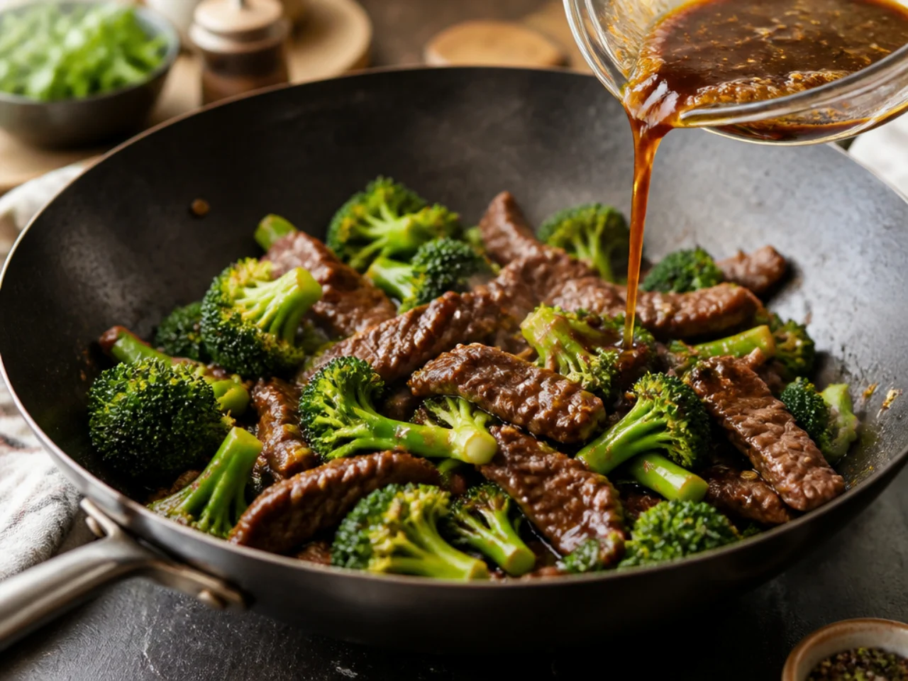 Step-by-step process shot for beef and broccoli