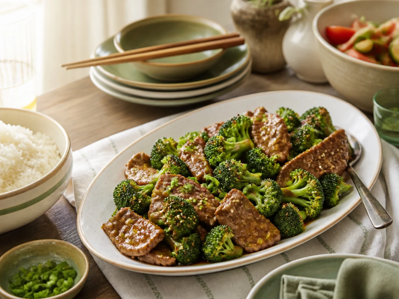 beef and broccoli served family-style on a cozy table