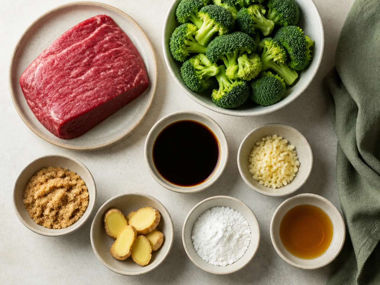 Fresh ingredients for beef and broccoli arranged in bowls