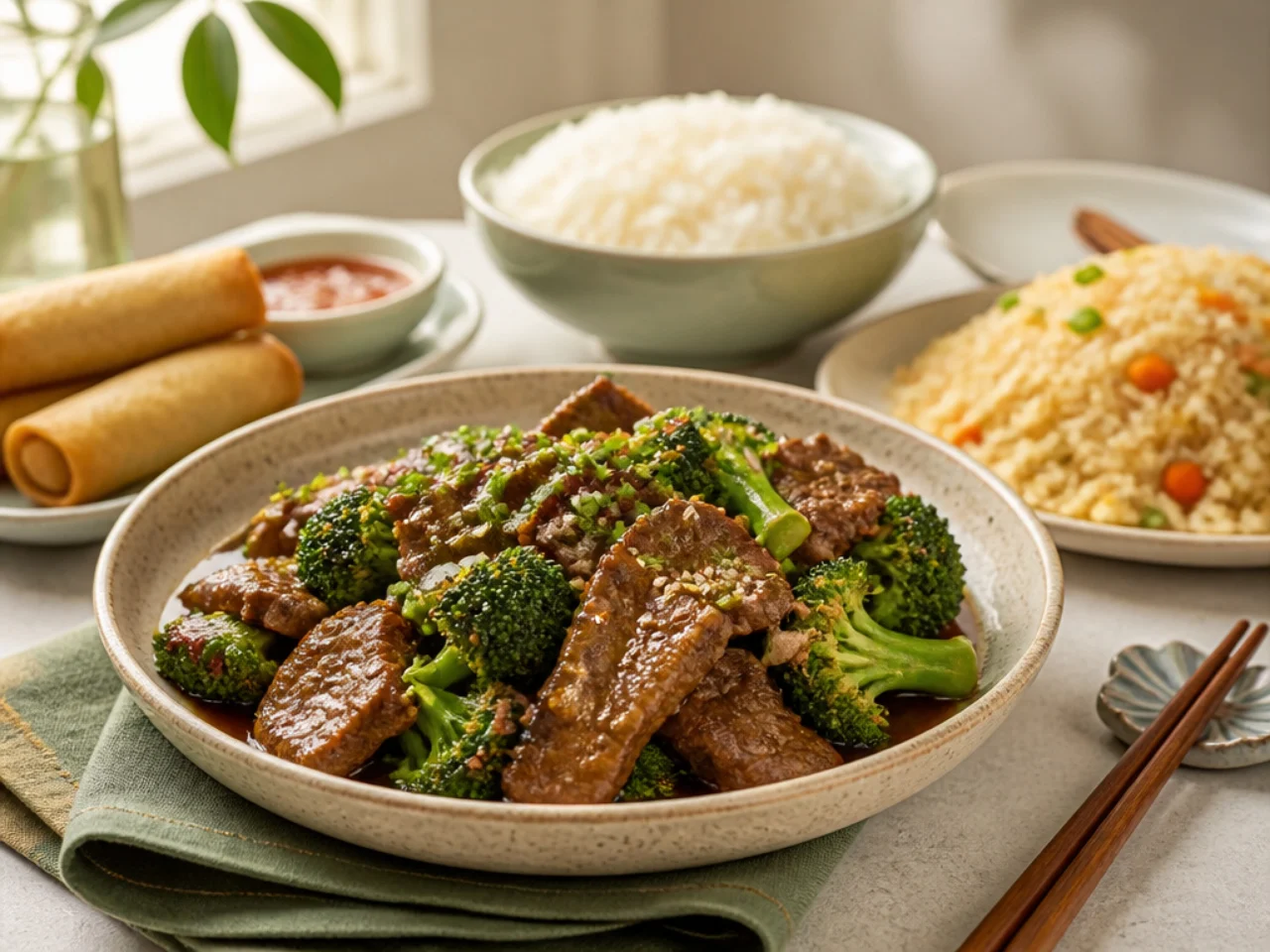beef and broccoli served with steamed jasmine rice, fried rice, lo mein or egg rolls