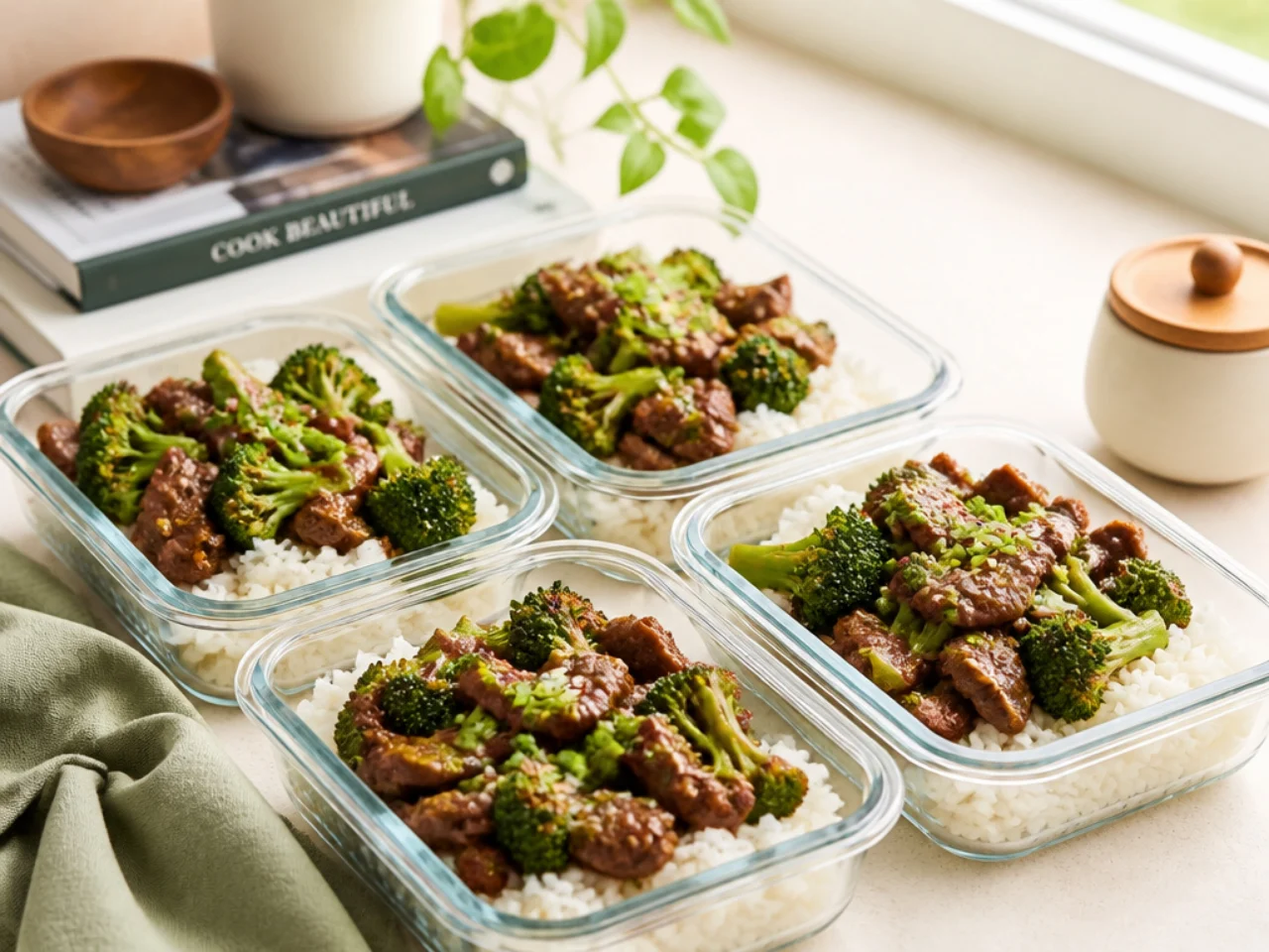 Make-ahead storage of beef and broccoli in containers