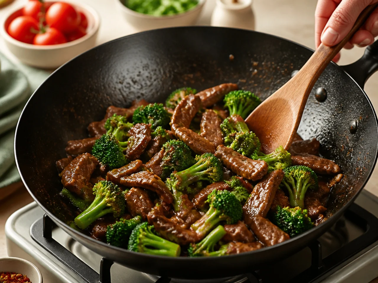 Step-by-step process shot for beef and broccoli