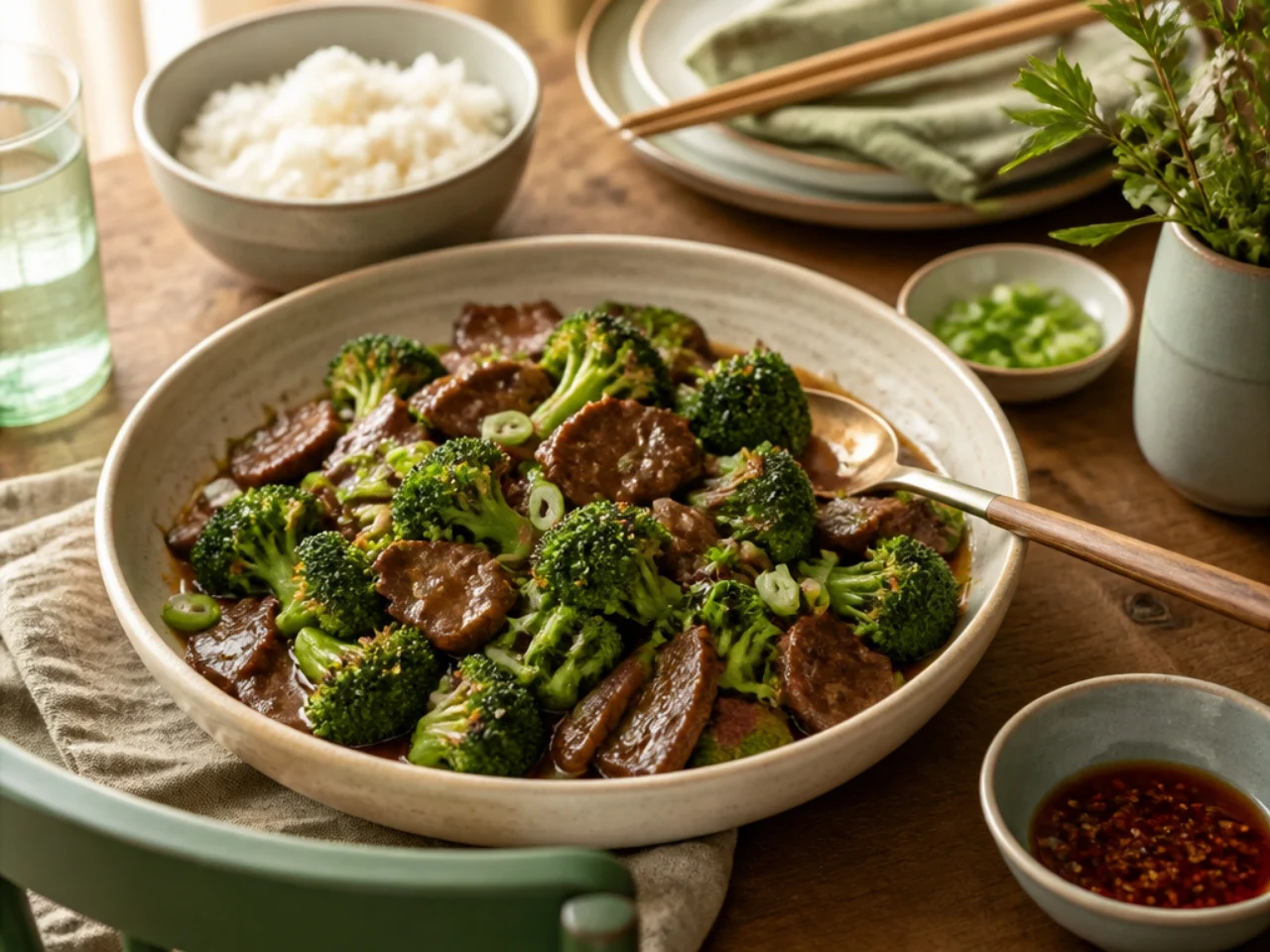 beef and broccoli served family-style on a cozy table