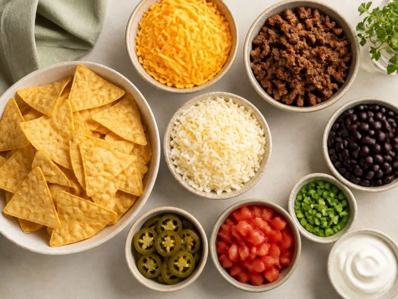 Fresh ingredients for nachos arranged in bowls