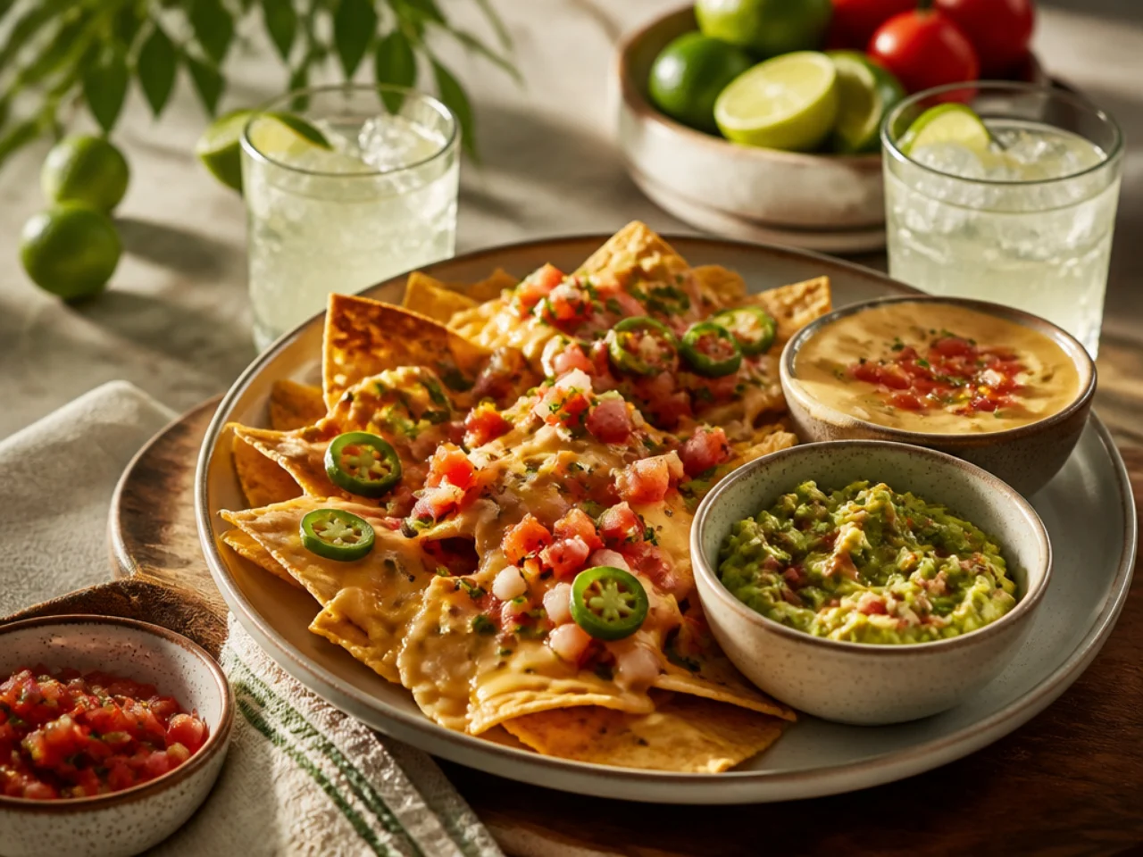 nachos served with fresh salsa, warm queso, guacamole and ice-cold drinks