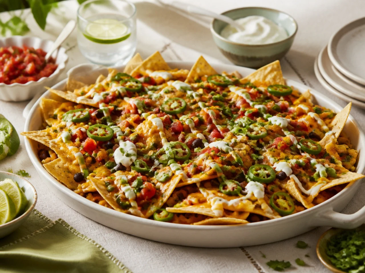 nachos served family-style on a cozy table