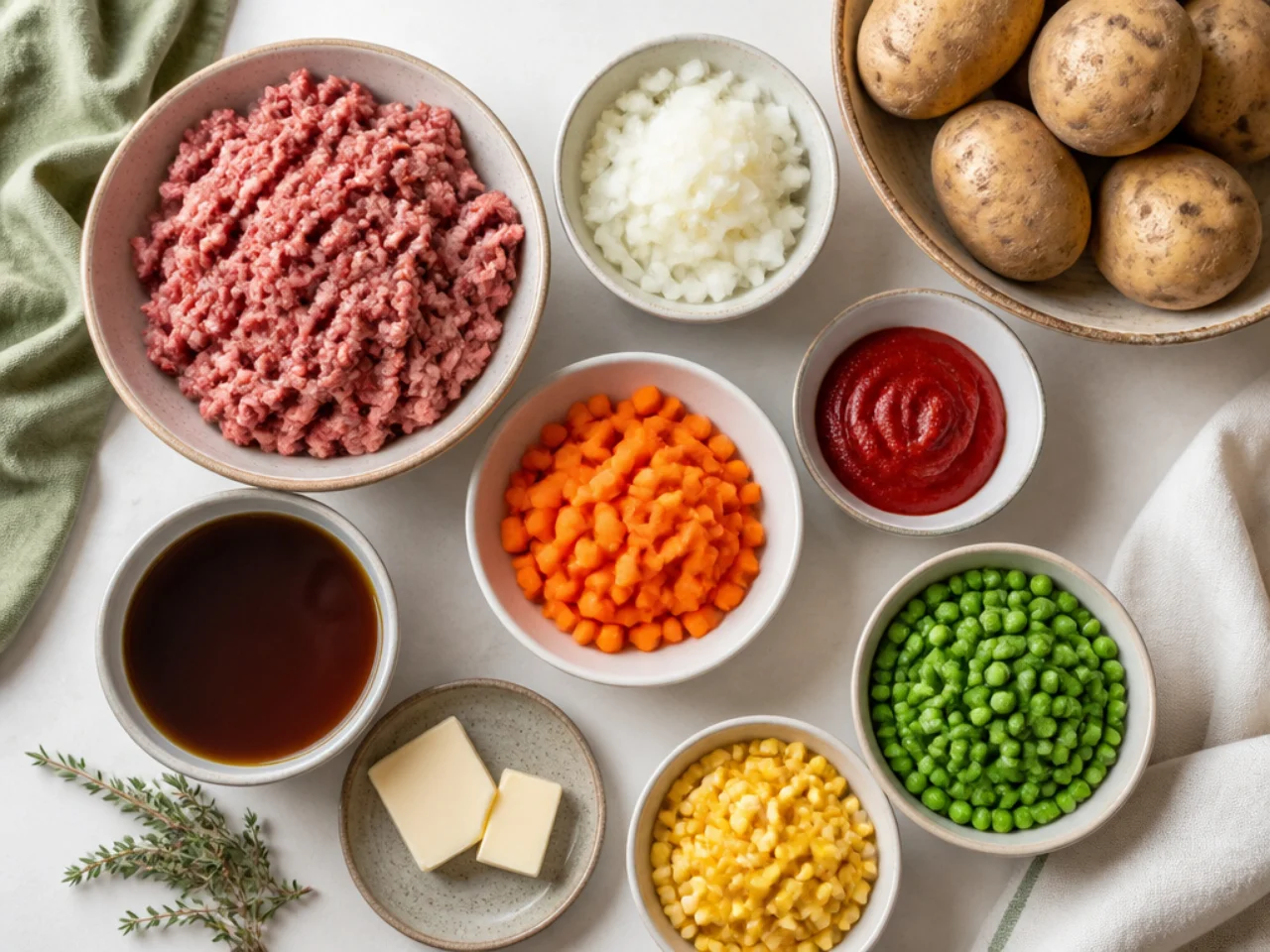 Fresh ingredients for shepherd's pie arranged in bowls