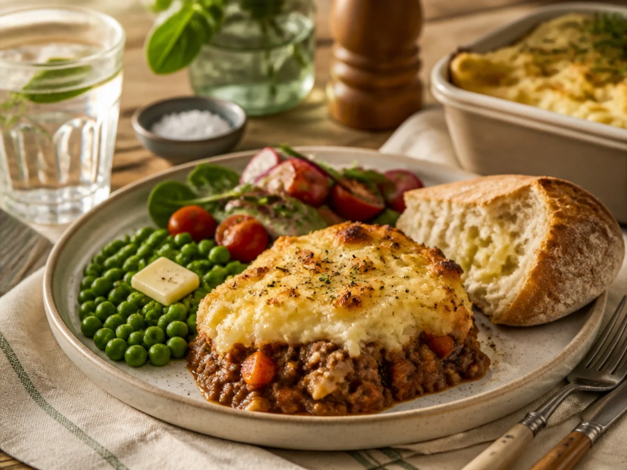 shepherd's pie served with crusty bread, buttered peas and a simple side salad
