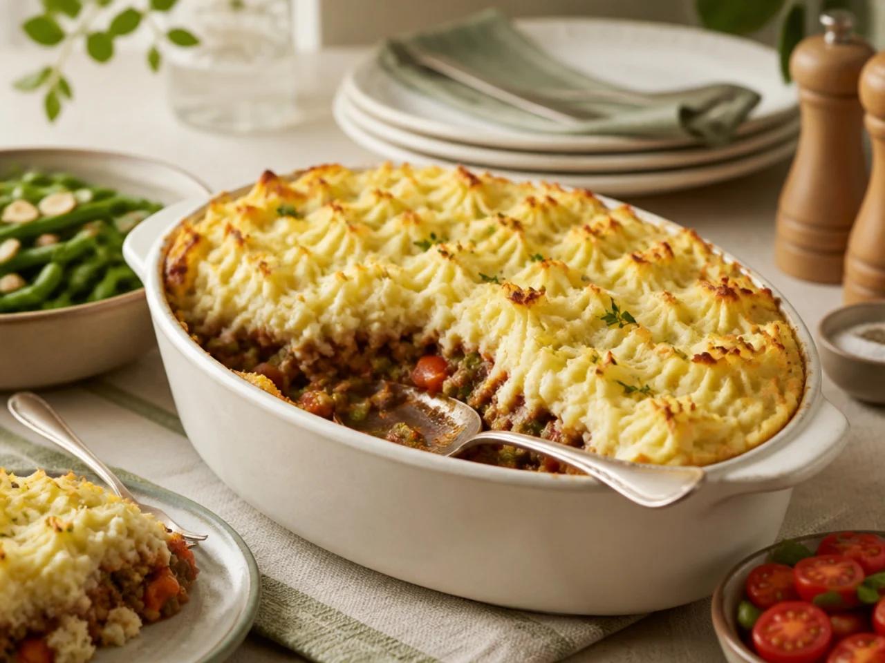 shepherd's pie served family-style on a cozy table
