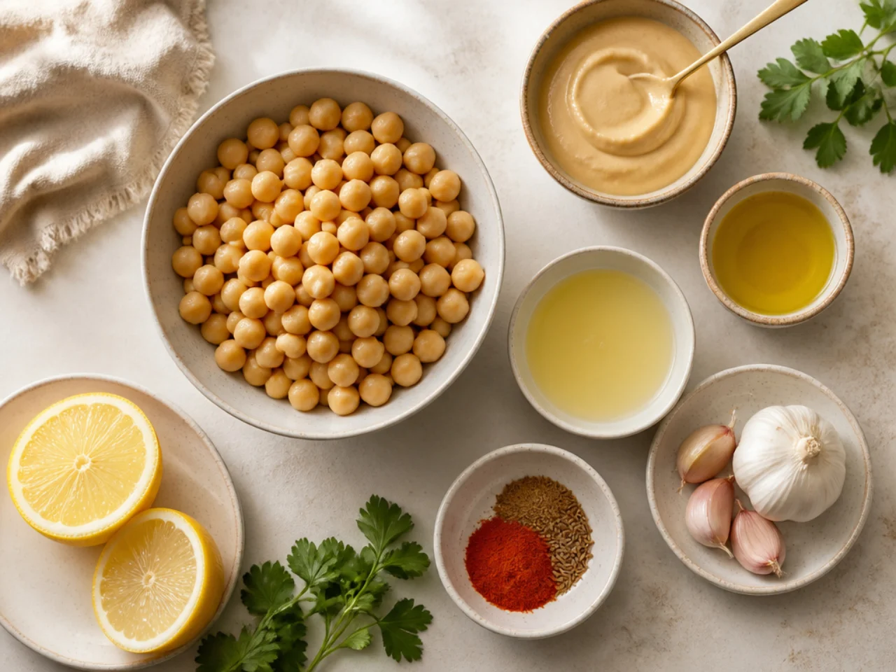 Fresh ingredients for hummus arranged in bowls