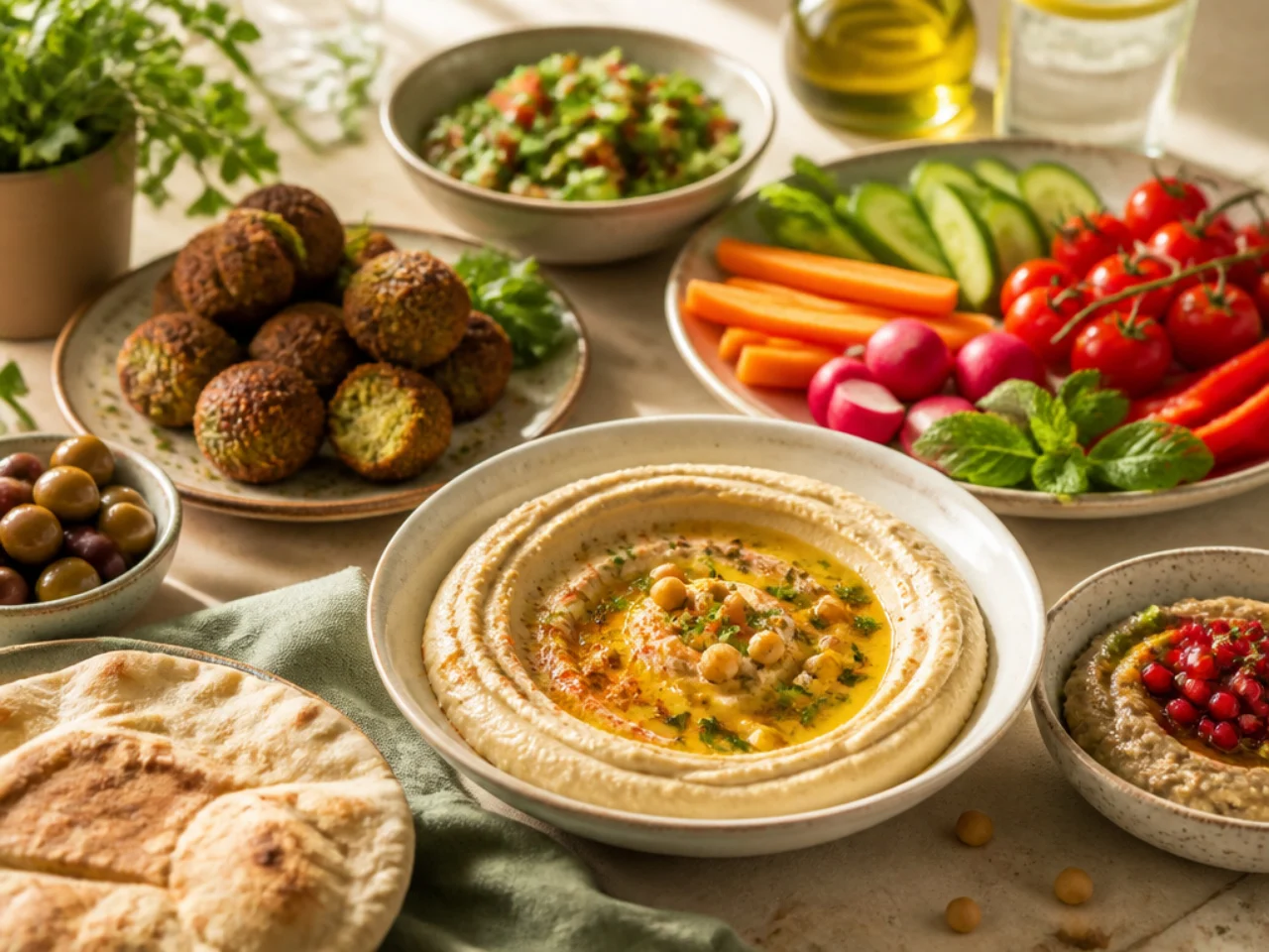 hummus served with warm pita, crunchy vegetables, falafel and a mezze platter