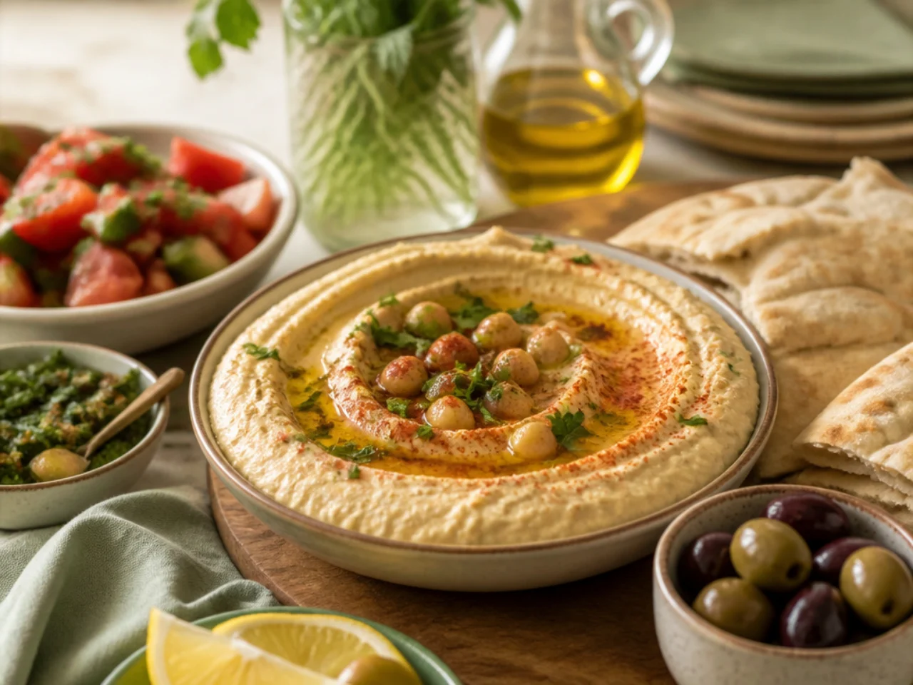 hummus served family-style on a cozy table
