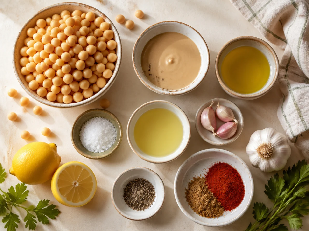 Fresh ingredients for hummus arranged in bowls