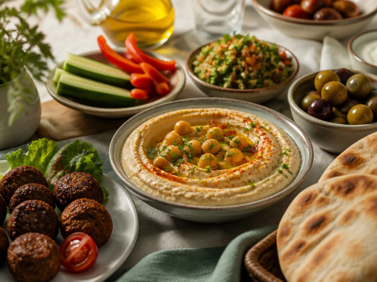 hummus served with warm pita, crunchy vegetables, falafel and a mezze platter