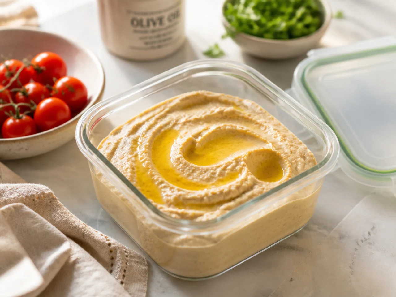 Make-ahead storage of hummus in containers