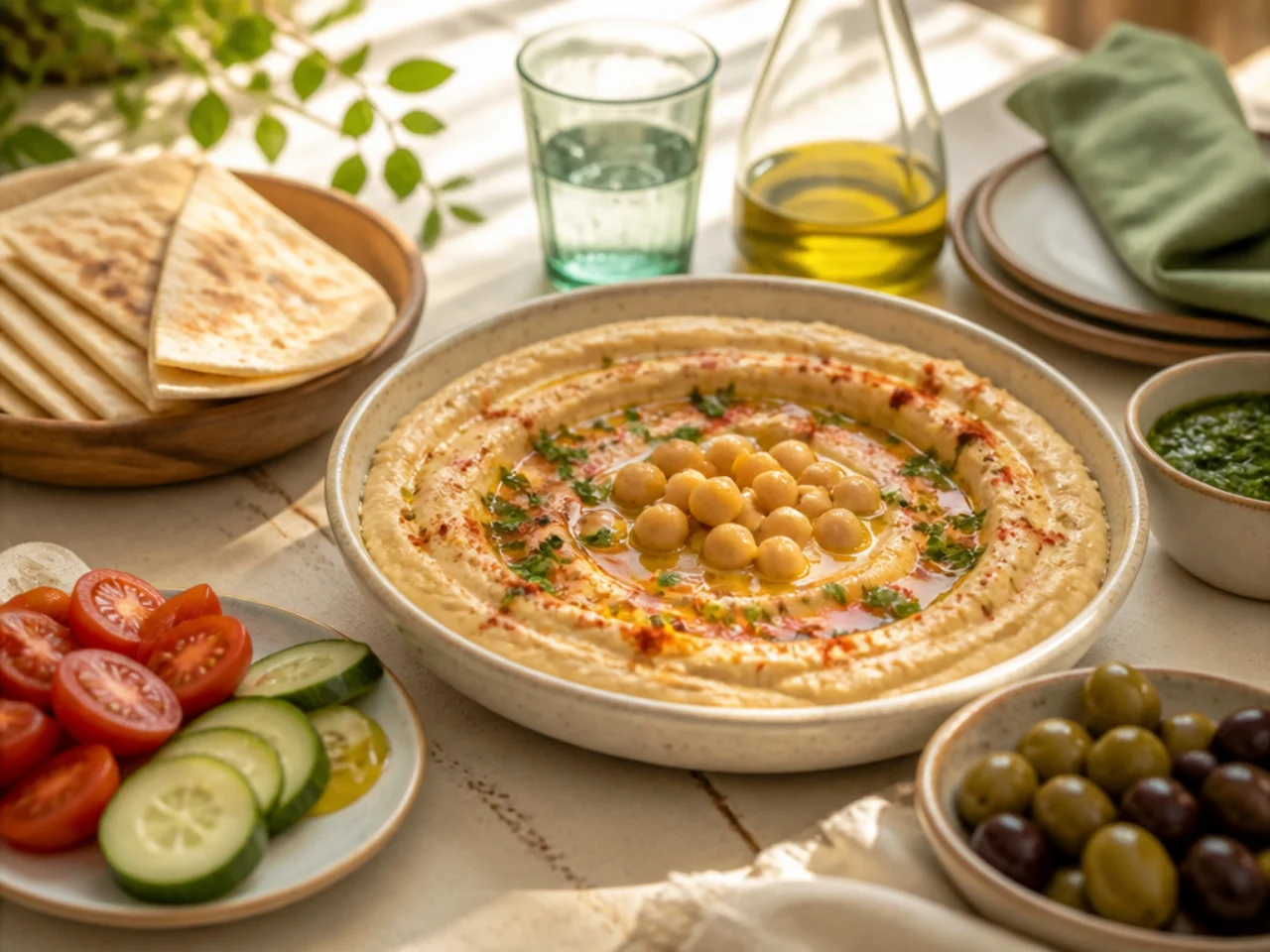 hummus served family-style on a cozy table