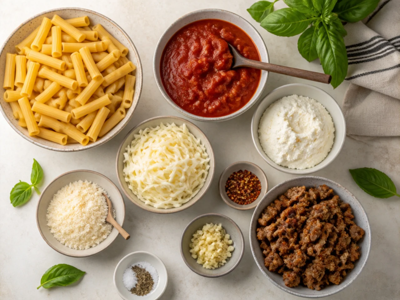 Fresh ingredients for baked ziti arranged in bowls