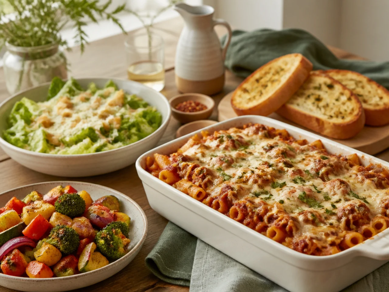 baked ziti served with warm garlic bread, a Caesar salad and roasted vegetables