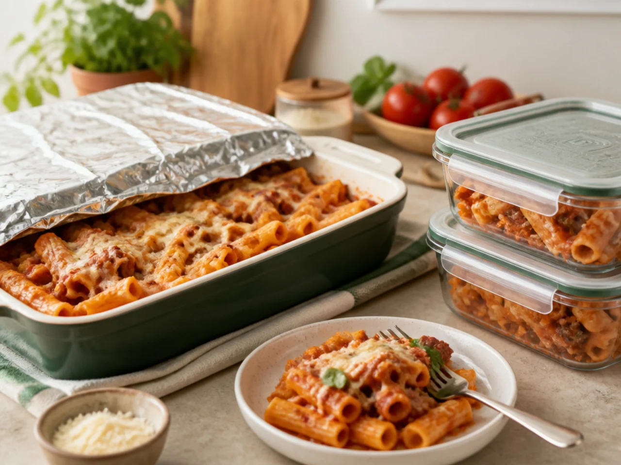 Make-ahead storage of baked ziti in containers