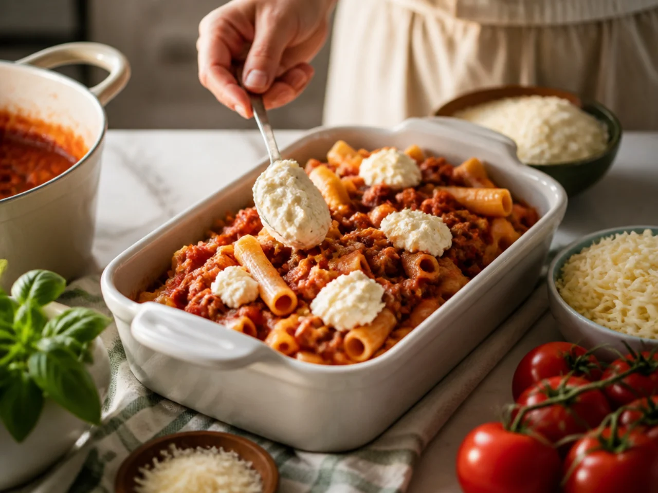 Step-by-step process shot for baked ziti