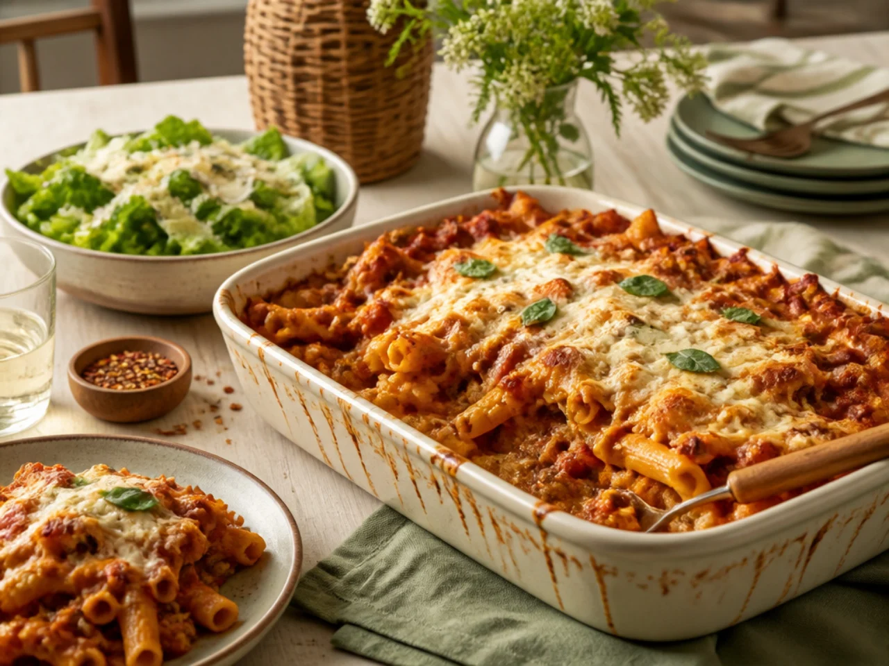 baked ziti served family-style on a cozy table